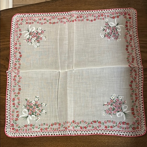 Floral Handkerchief with Pink and White crochet trim Accents - Picture 2 of 3